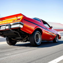 A stunning 1976 Malibu, modified for street racing, featuring a vibrant orange and black color scheme