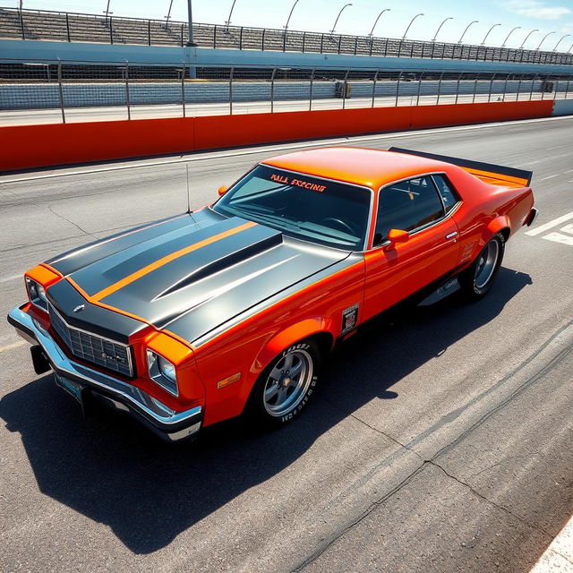 A stunning 1976 Malibu, modified for street racing, featuring a vibrant orange and black color scheme