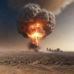 The meteor collides with the earth, causing a gargantuan explosion that sends powerful shockwaves rippling through the desert, reaching a large city in the distance.