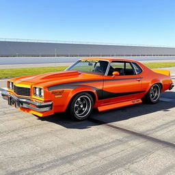 A stunning 1976 Malibu, modified for street racing, featuring a vibrant orange and black color scheme