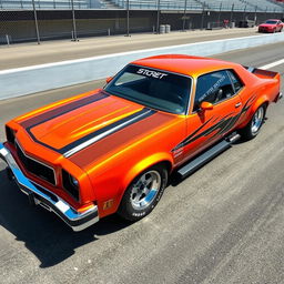 A stunning 1976 Malibu, modified for street racing, featuring a vibrant orange and black color scheme