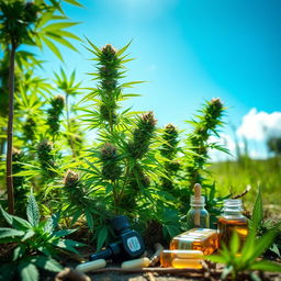 A serene outdoor setting showcasing vibrant cannabis plants flourishing in a natural environment
