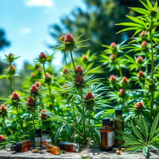 A serene outdoor setting showcasing vibrant cannabis plants flourishing in a natural environment