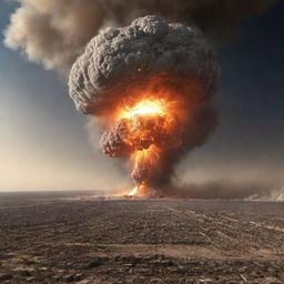 The meteor collides with the earth, causing a gargantuan explosion that sends powerful shockwaves rippling through the desert, reaching a large city in the distance.