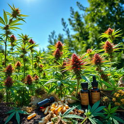 A serene outdoor setting showcasing vibrant cannabis plants flourishing in a natural environment