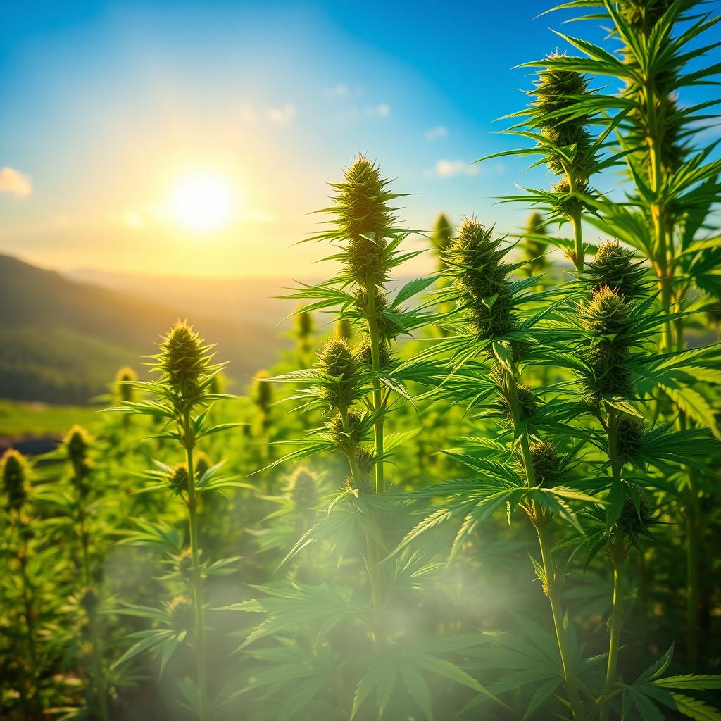 A serene, lush cannabis garden thriving under the golden sun, showcasing tall, healthy green cannabis plants with vibrant buds