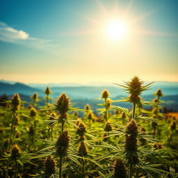 A serene, lush cannabis garden thriving under the golden sun, showcasing tall, healthy green cannabis plants with vibrant buds
