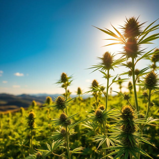 A serene, lush cannabis garden thriving under the golden sun, showcasing tall, healthy green cannabis plants with vibrant buds