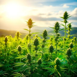 A serene, lush cannabis garden thriving under the golden sun, showcasing tall, healthy green cannabis plants with vibrant buds