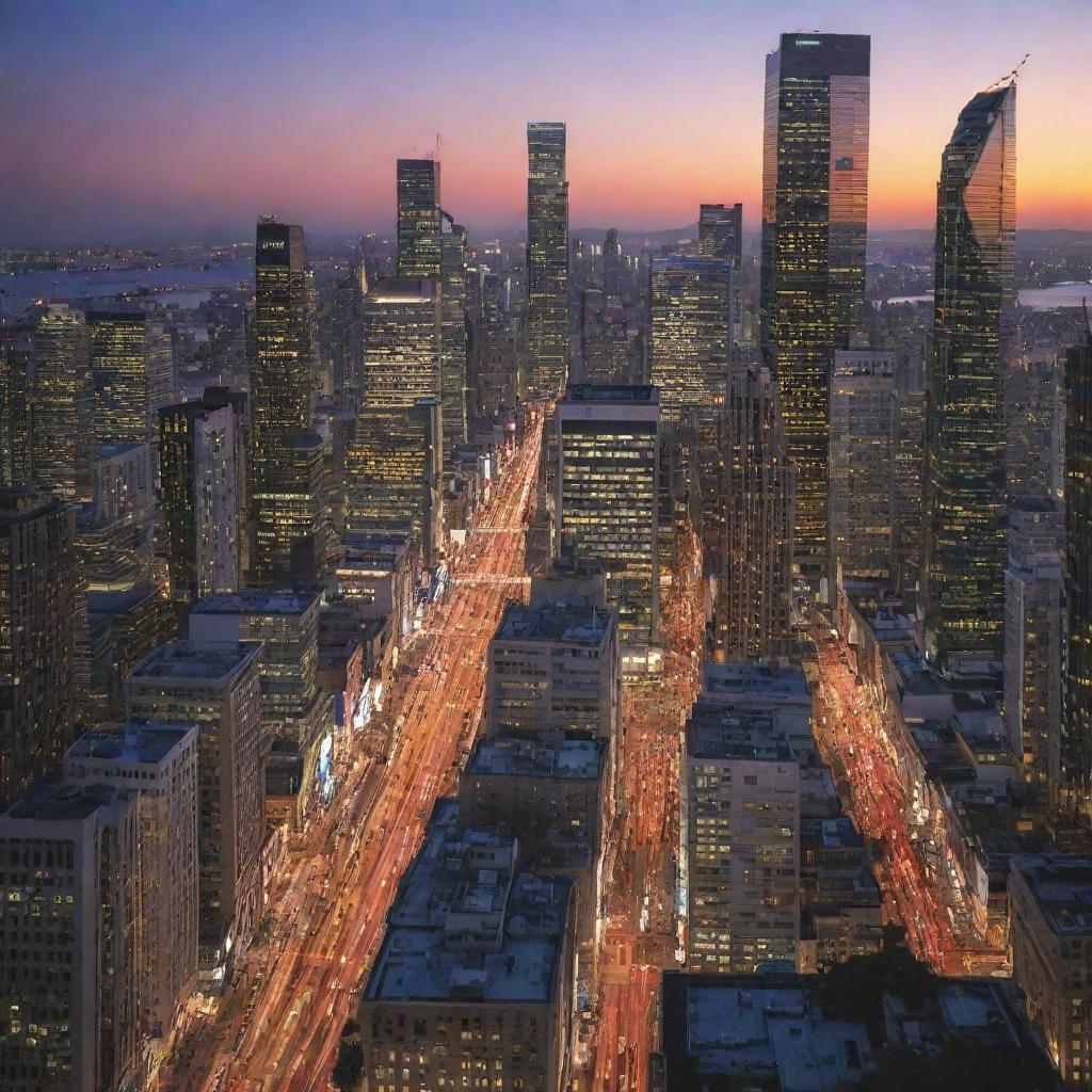 A bustling city-scape with towering skyscrapers, busy streets, and vibrant lights at twilight.