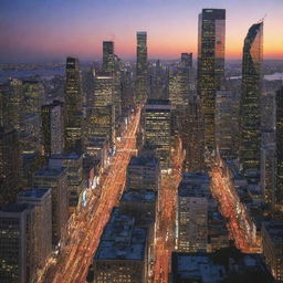 A bustling city-scape with towering skyscrapers, busy streets, and vibrant lights at twilight.