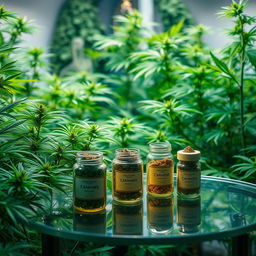 A serene and lush indoor garden filled with radiant green cannabis plants, uniquely highlighted with warm soft lighting
