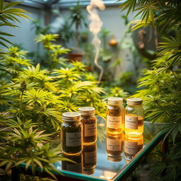 A serene and lush indoor garden filled with radiant green cannabis plants, uniquely highlighted with warm soft lighting
