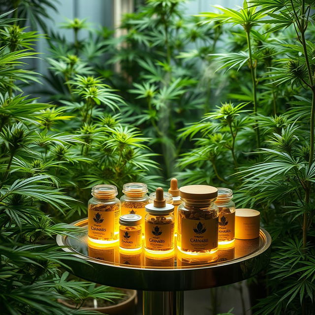 A serene and lush indoor garden filled with radiant green cannabis plants, uniquely highlighted with warm soft lighting