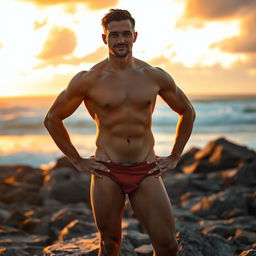 A confident and athletic naked man standing on a rocky beach at sunset, with warm golden light illuminating his muscular physique