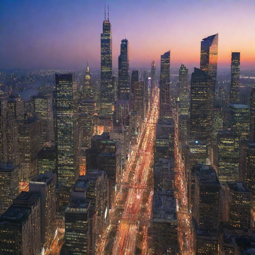 A bustling city-scape with towering skyscrapers, busy streets, and vibrant lights at twilight.