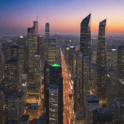 A bustling city-scape with towering skyscrapers, busy streets, and vibrant lights at twilight.