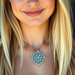 A close-up portrait of a beautiful woman showcasing a dazzling pendant around her neck
