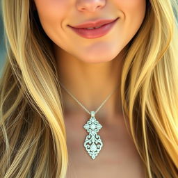 A close-up portrait of a beautiful woman showcasing a dazzling pendant around her neck