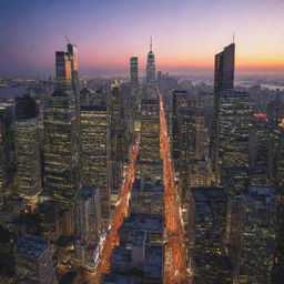 A bustling city-scape with towering skyscrapers, busy streets, and vibrant lights at twilight.