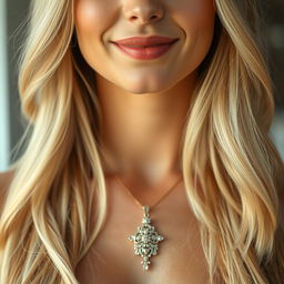A close-up portrait of a beautiful woman showcasing a dazzling pendant around her neck