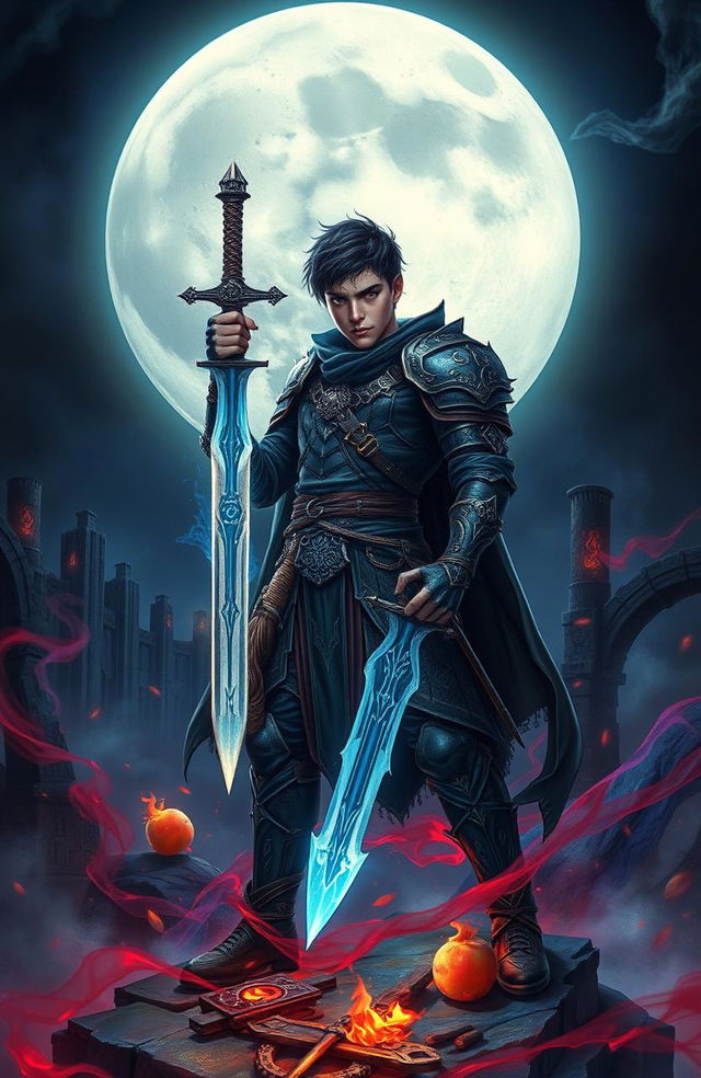 A young male warrior in a dark, gothic fantasy setting, surrounded by esoteric symbols and mysterious artifacts