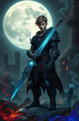 A young male warrior in a dark, gothic fantasy setting, surrounded by esoteric symbols and mysterious artifacts