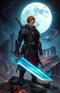 A young male warrior in a dark, gothic fantasy setting, surrounded by esoteric symbols and mysterious artifacts