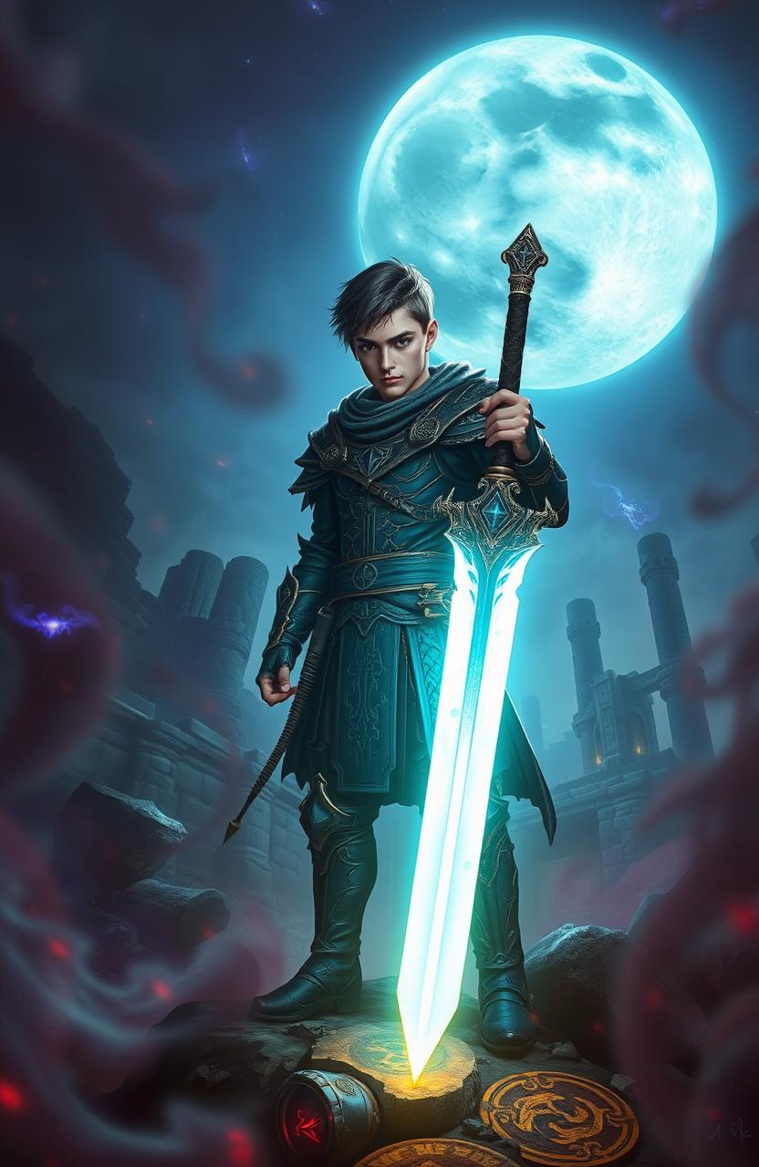 A young male warrior in a dark, gothic fantasy setting, surrounded by esoteric symbols and mysterious artifacts