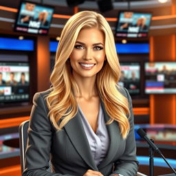 A realistic depiction of a blonde female news anchor, dressed in a professional suit, seated at a modern news desk with a microphone in front of her