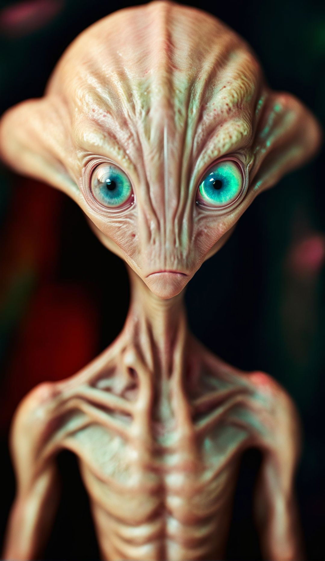 High-resolution photograph of an alien with large eyes and neon pink skin, taken with a Canon EOS 5DS and an 85mm f/1.2 lens.