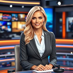 A realistic depiction of a blonde female news anchor, dressed in a professional suit, seated at a modern news desk with a microphone in front of her
