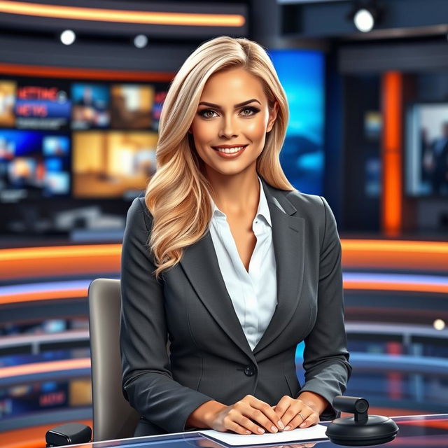 A realistic depiction of a blonde female news anchor, dressed in a professional suit, seated at a modern news desk with a microphone in front of her