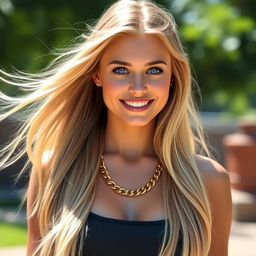 A photorealistic image of a beautiful woman with long, flowing blonde hair wearing a stunning gold chain around her neck