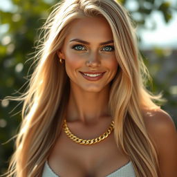 A photorealistic image of a beautiful woman with long, flowing blonde hair wearing a stunning gold chain around her neck