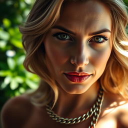 A realistic portrait of a woman, adorned with a beautiful chain necklace