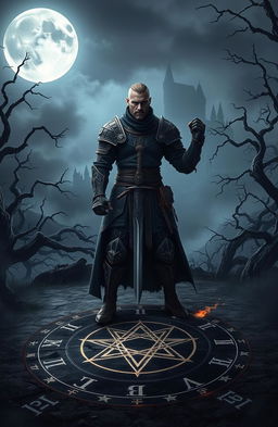 An epic fantasy scene featuring a 27-year-old male warrior in gothic attire, standing under a mystical full moon