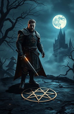 An epic fantasy scene featuring a 27-year-old male warrior in gothic attire, standing under a mystical full moon