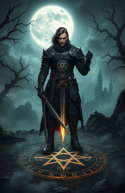 An epic fantasy scene featuring a 27-year-old male warrior in gothic attire, standing under a mystical full moon