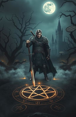 An epic fantasy scene featuring a 27-year-old male warrior in gothic attire, standing under a mystical full moon