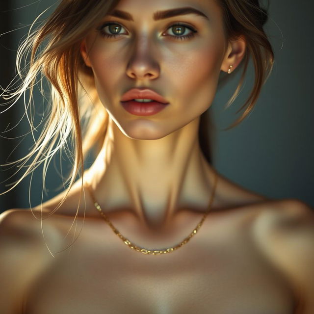 A realistic portrayal of a thin woman wearing a delicate chain necklace that glimmers softly in the light