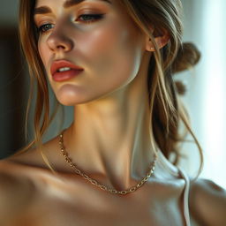 A realistic portrayal of a thin woman wearing a delicate chain necklace that glimmers softly in the light