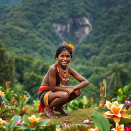 A scenic landscape of Papua New Guinea, featuring a beautiful, lush tropical background with dense greenery and vibrant flowers