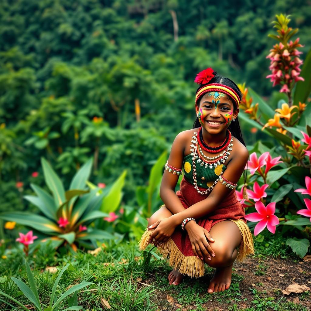 A scenic landscape of Papua New Guinea, featuring a beautiful, lush tropical background with dense greenery and vibrant flowers