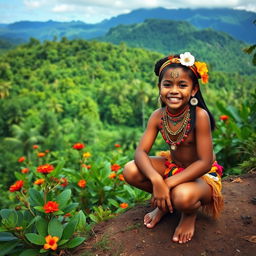 A scenic landscape of Papua New Guinea, featuring a beautiful, lush tropical background with dense greenery and vibrant flowers