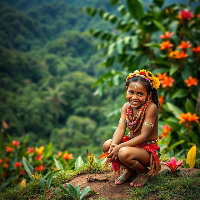 A scenic landscape of Papua New Guinea, featuring a beautiful, lush tropical background with dense greenery and vibrant flowers