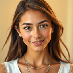 A realistic portrait of a thin woman wearing a delicate chain necklace