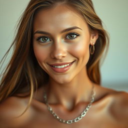 A realistic portrait of a thin woman wearing a delicate chain necklace