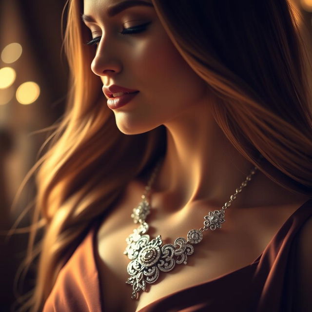 A beautiful woman wearing an elegant necklace that catches the light, showcasing intricate designs