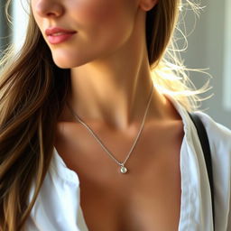 A stylish woman wearing a simple yet elegant necklace, featuring a delicate chain with a small, shiny pendant